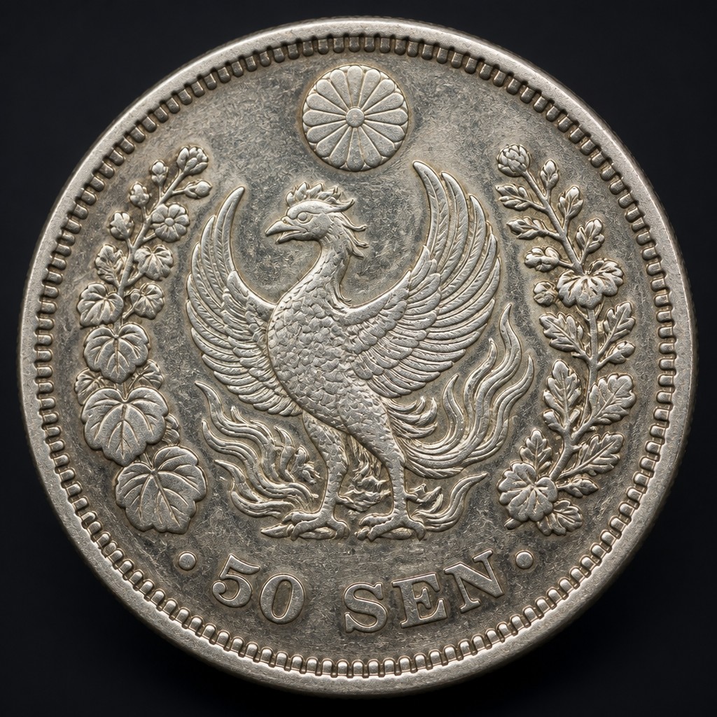 Japanese 50 Sen Silver (Meiji Phoenix)