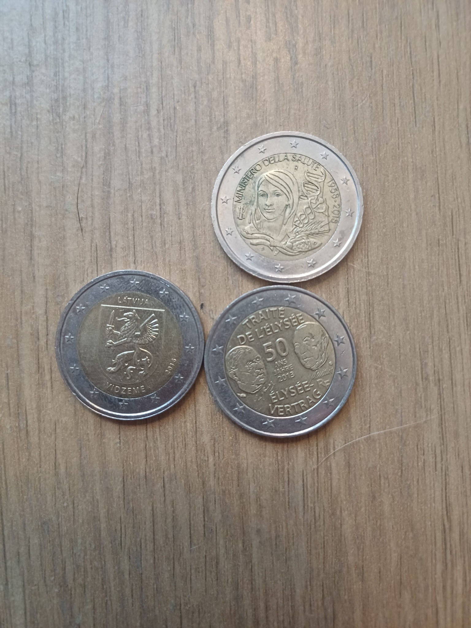 Set of 2 Euro Commemorative Coins (Italy, Latvia, France) — obverse
